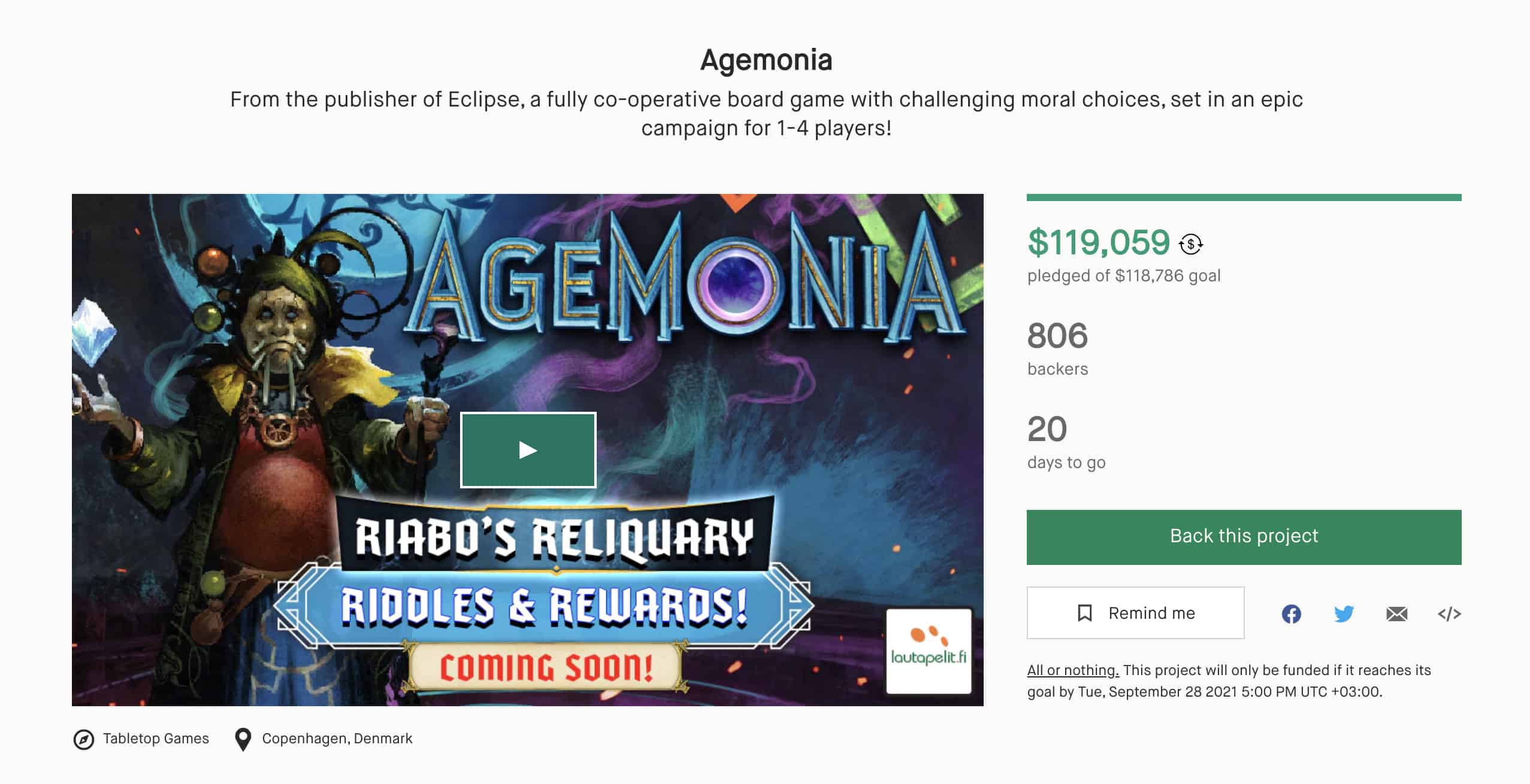 Agemonian Kickstarter-kampanjasivu