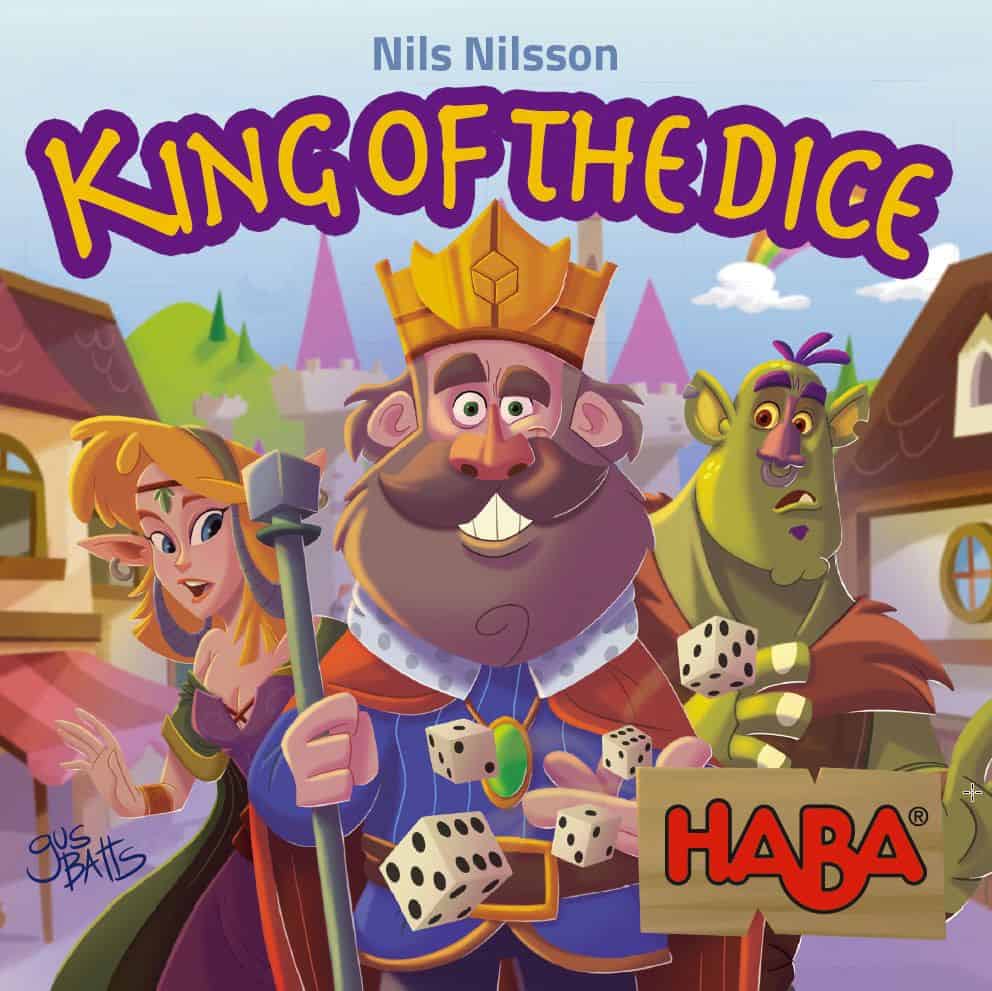 King of the Dice -pelin kansi, kuvassa noppia heittävä parrakas kuningas, takanaan toisella puolella naishaltia ja toisella puolella vihreä peikko. Taustalla on keskiaikaista kaupunkia ja linna.