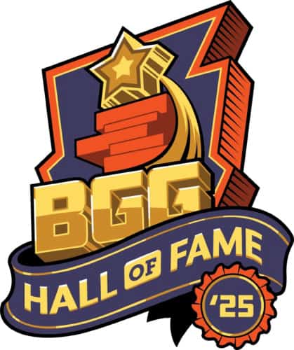 Juhlavan ja kulmikkaan näköinen BGG Hall of Fame -logo, jossa tekstin yllä laatikkokasa ja sen päälle singahtanut tähti.