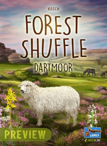 Forest Shuffle: Dartmoor -pelin kansi. Kansikuvassa on nummimaisemaa, etualalla valkoinen lammas kasvien keskellä.