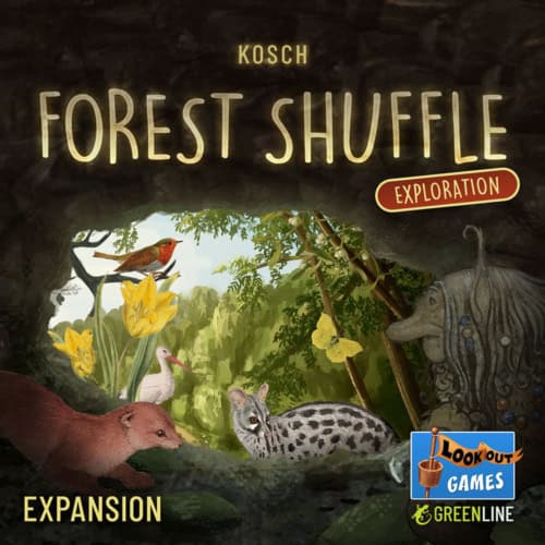 Forest Shuffle: Exploration -lisäosan kansi. Kuvassa luola, jossa on peikko, lintuja ja muita pieniä eläimiä. Taustalla näkyy metsää.