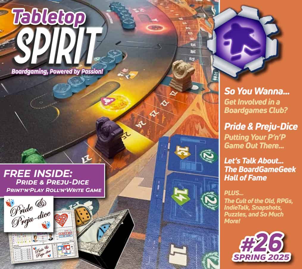 Tabletop Spirit -lehden numeron 26 (kevät 2025) kansi. Kannessa on iso lähikuva SETI-lautapelin pisteradasta.