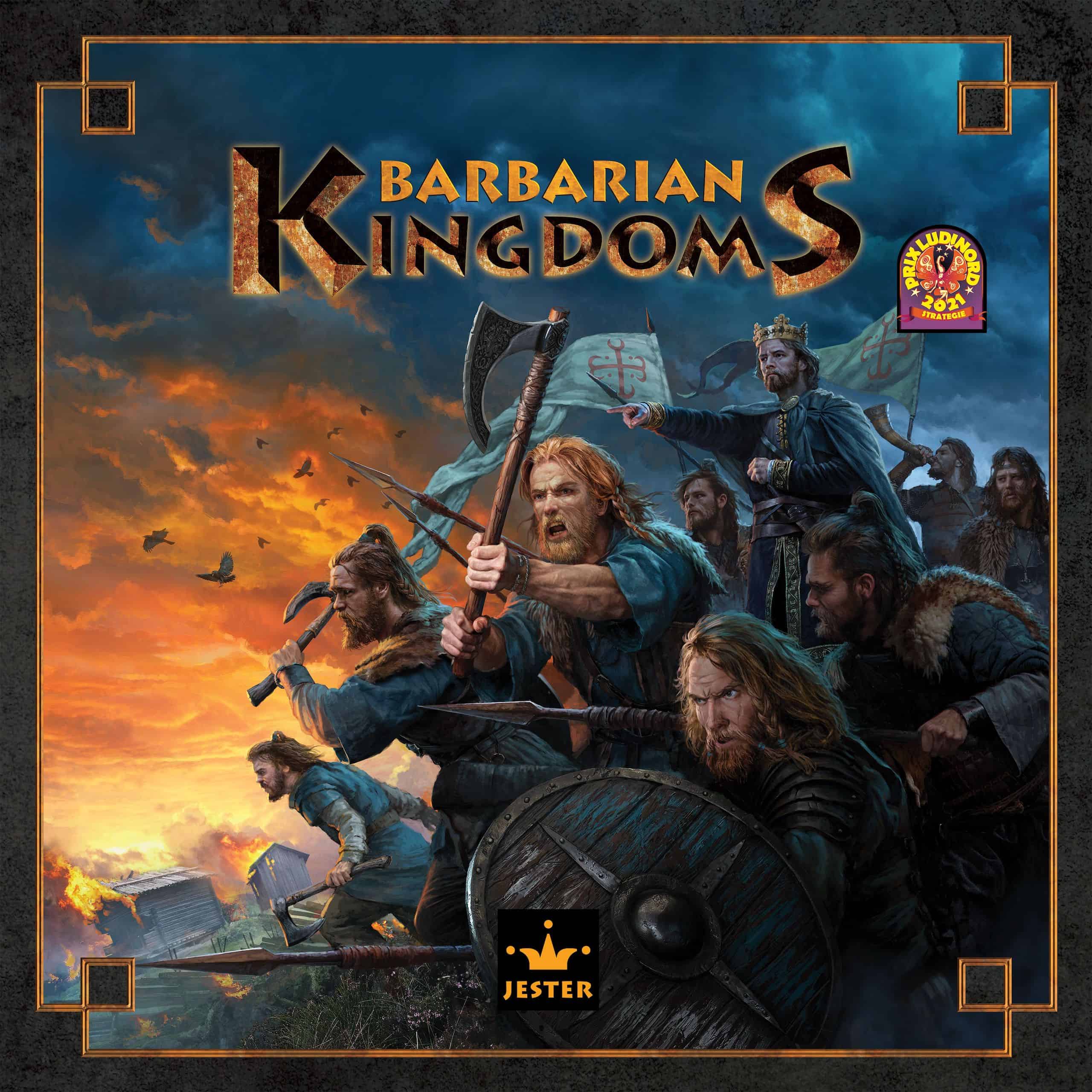 Barbarian Kingdoms -pelin kannessa on kuninkaan johdolla hyökkäävä soturilauma. Taustalla näkyy kylän palavia taloja.