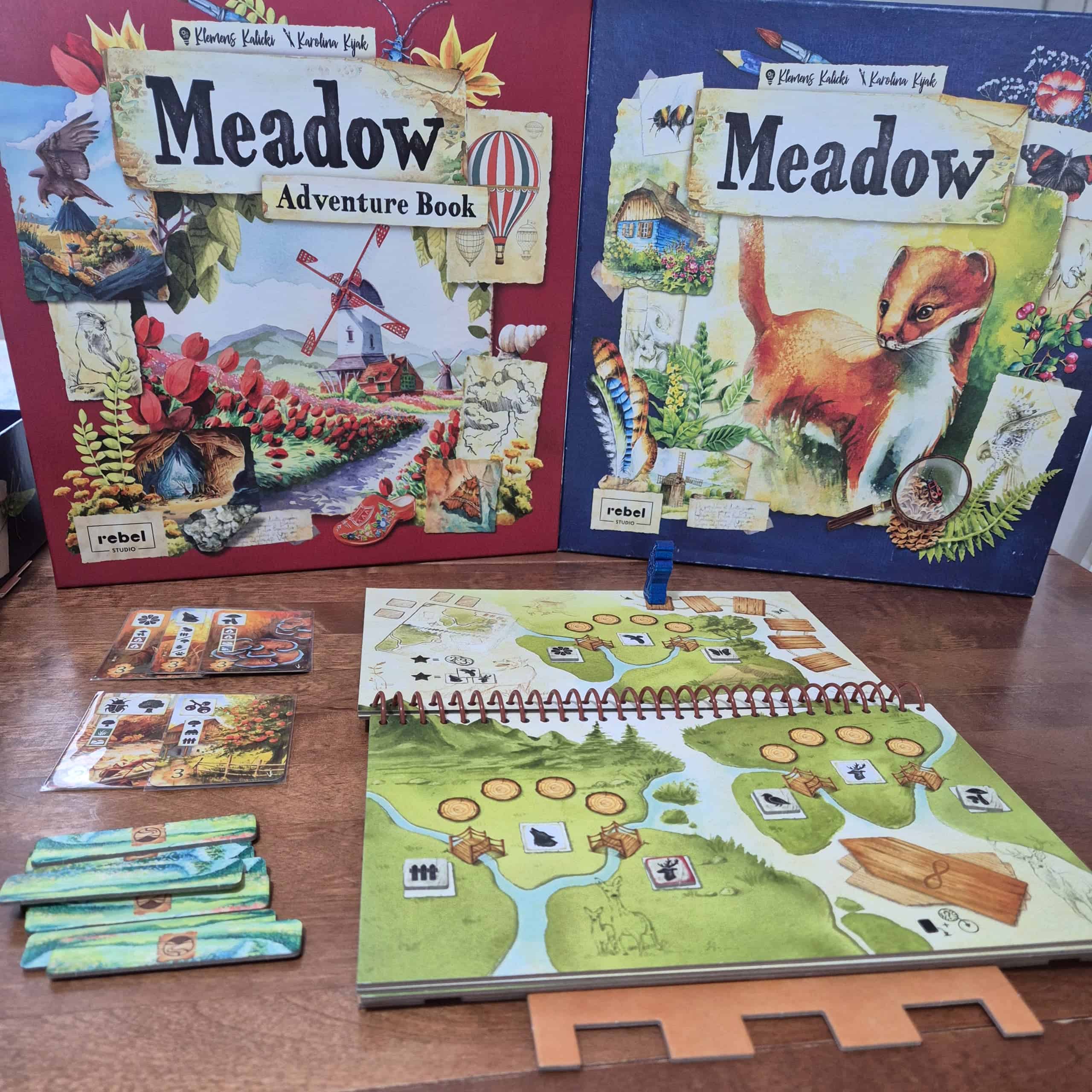 Meadow: Adventure Bookin pelikirja avattuna aukeamalta, johon on kuvattu erämaamaastoa ja sen halki kulkeva abstrakti reitti. Taustalla Meadow'n ja Meadow: Adventure Bookin pelilaatikoiden kannet. 